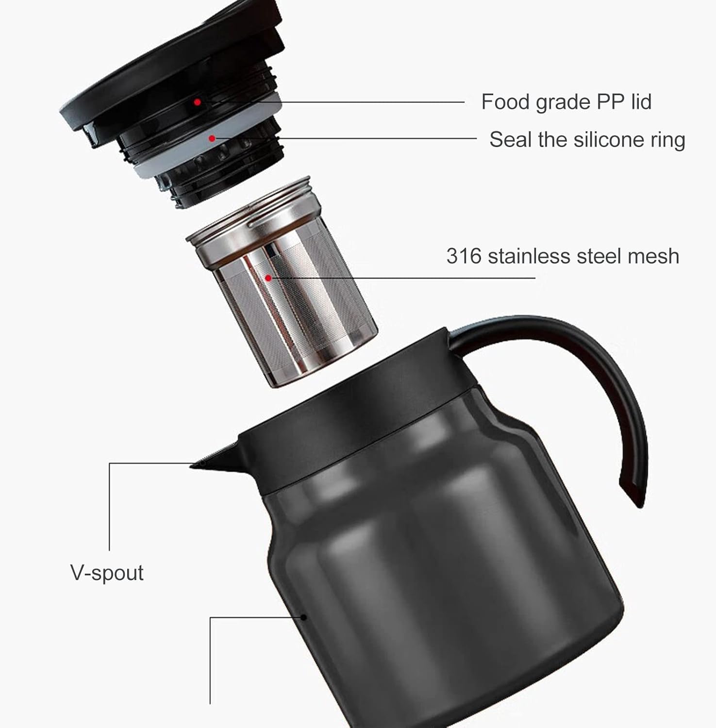 Coffee Carafes For Keeping Hot, Coffee Carafe Insulated, Thermal Coffee Carafe Tea Pot, Stainless Steel Vacuum Insulated Coffee Tea Dispenser Tea Water Separation with Removable Tea Infuser (Black)