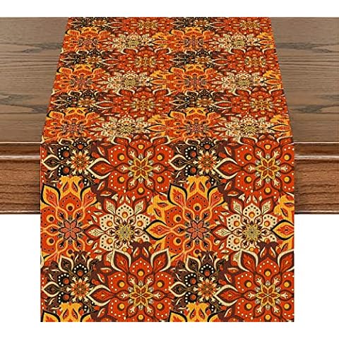 Mandalas Flower Orange Floral Mexican Pattern Table Runner Cotton Linen Table Runners Home Decor for Kitchen Dinner (14x72 Inches ) Cover
