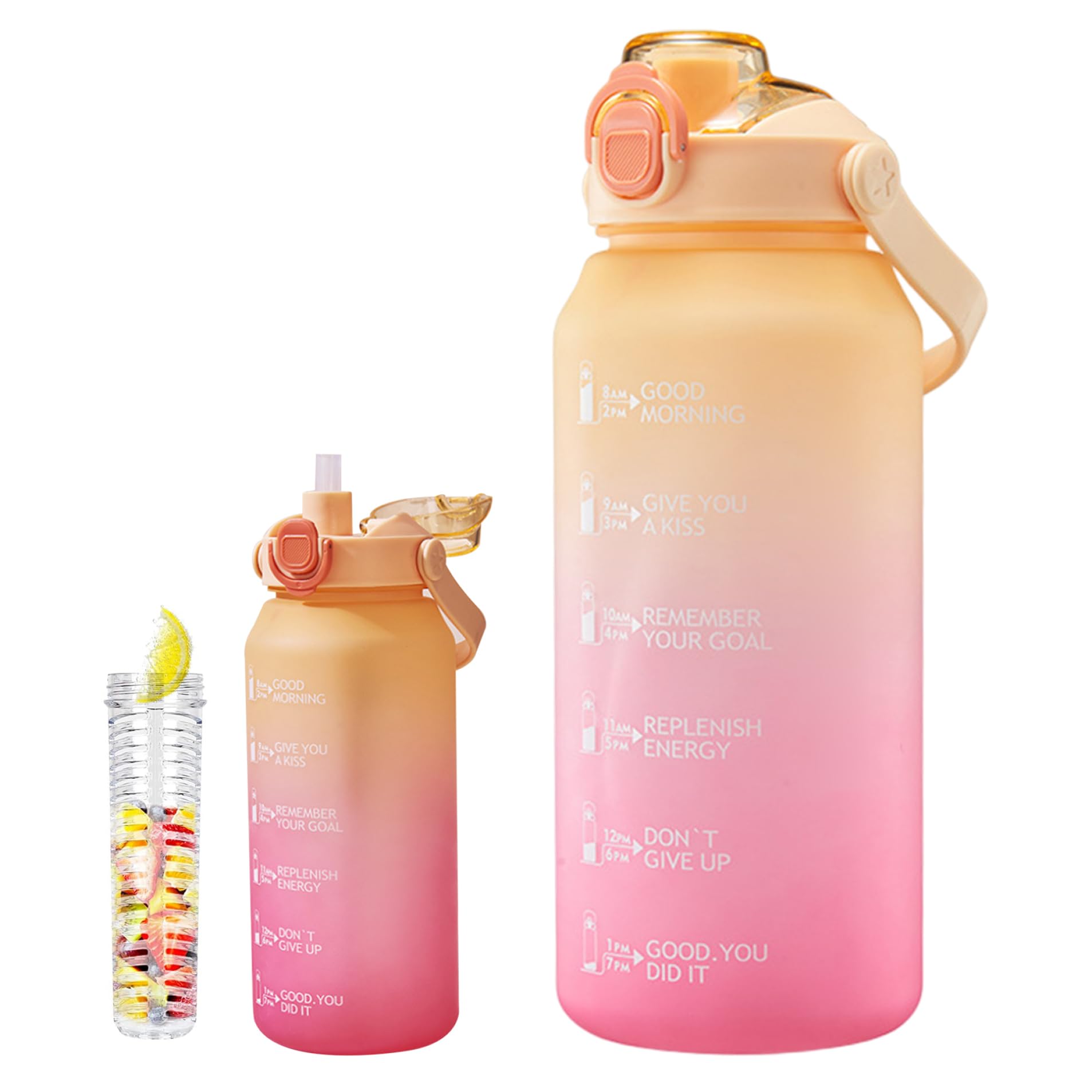 Bemonew Water Bottle 2 Litre Large Water Bottle Leak Proof Yellow Gradient with Straw and Time Markings Bpa Free Drinks