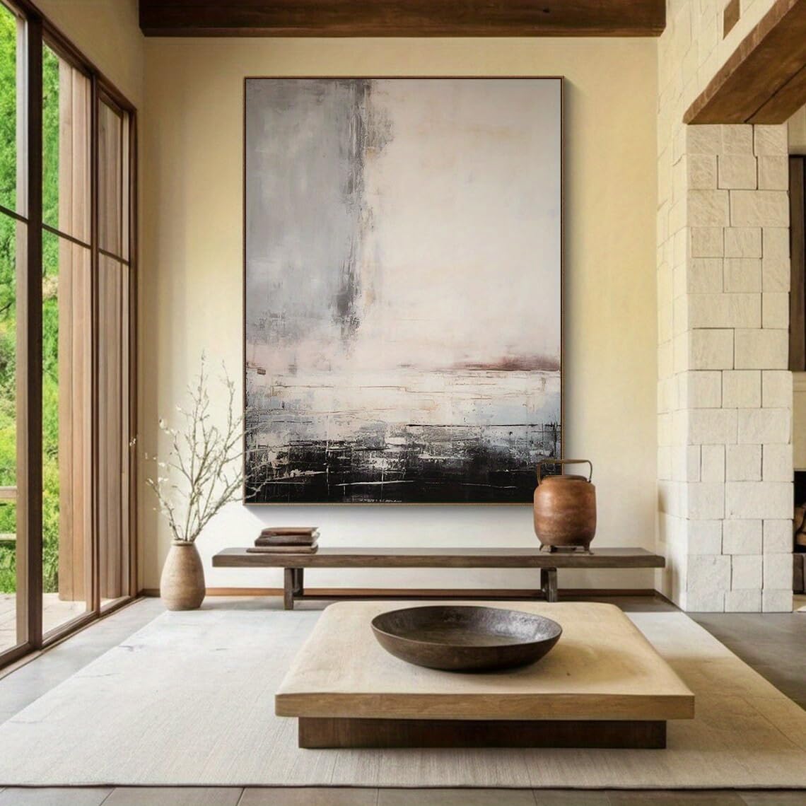 Uudezo With Framed Soft Beige Modern Framed Abstract Painting Wabi-Sabi Wall Art For Living Room Black, White, Grey Textured Canvas Canvas(90X110cm(35X43inch))