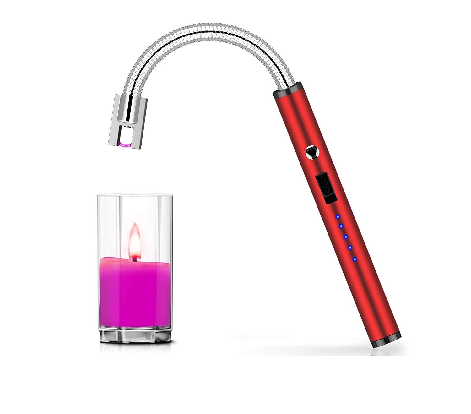 Electric Candle Arc Coil Flameless Windproof Portable Long Lighter Plasma USB Rechargeable Zinc Alloy Flexible Neck Red