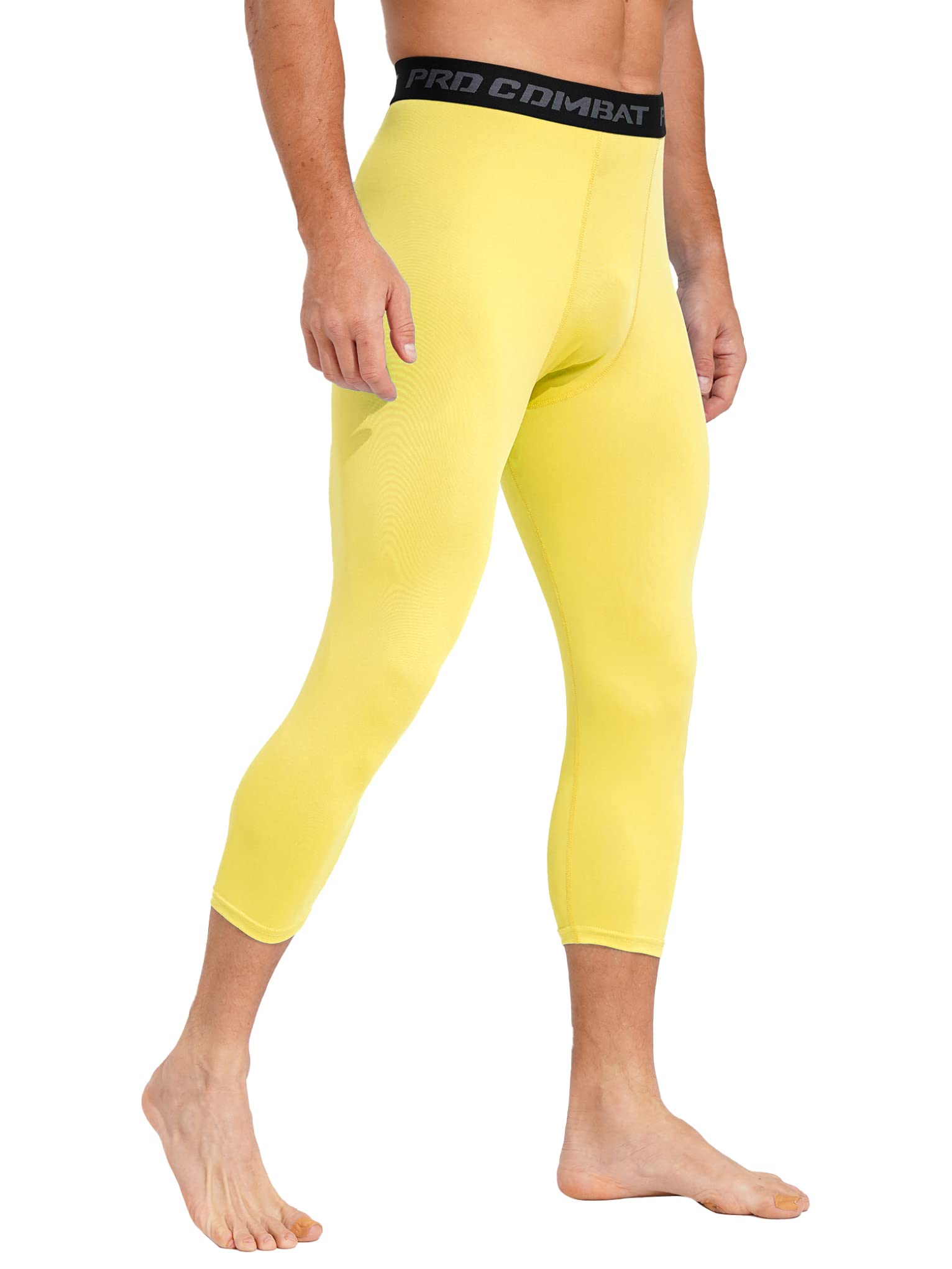 Mufeng Men's Calf Length Compression Pants Low Waist Sport Jogging Climbing Training Leggings Elastic Skinny Tights Yellow 3X-Large