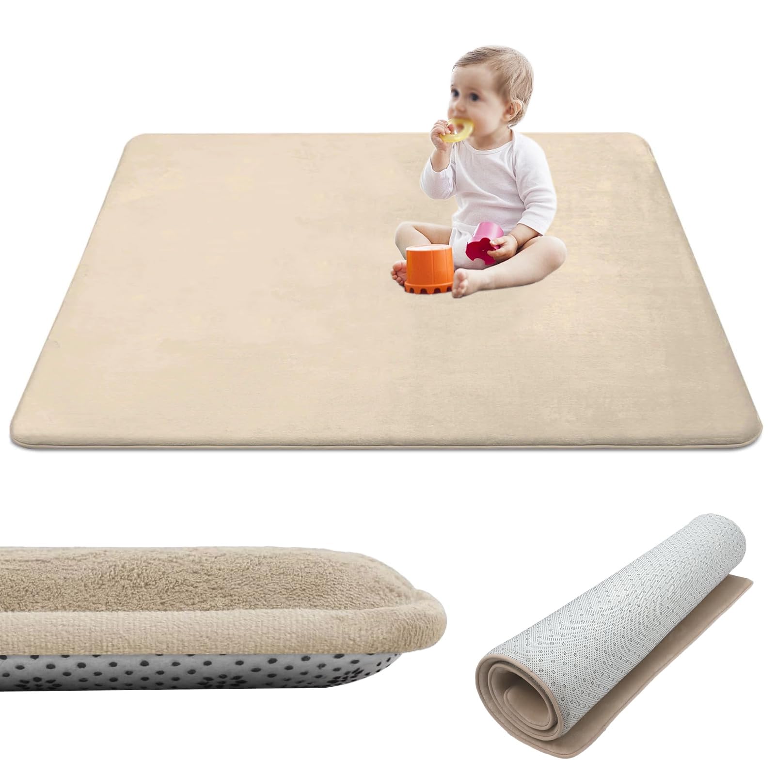 Murzoeky Baby Floor Play Mat Large, 100 x 200 cm x 2cm Thick Memory Foam Crawling Mat, Coral Velvet Activity Rug for Tummy Time, Non-Slip Nursery Floor Mat for Toddlers, Infants Beige