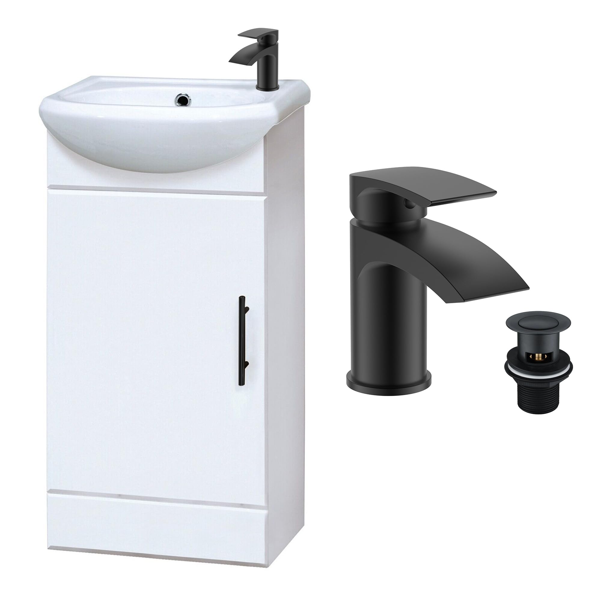 FNX Bathrooms Gloss White 420mm Compact Freestanding Vanity Unit With Basin & Matt Black Waterfall Tap & Waste from B&Q