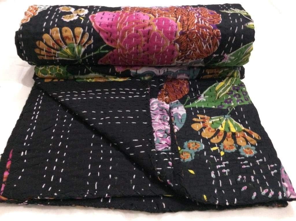 Indian Handmade Cotton Black Fruits Print Kantha Quilt Twin Tribal Bed Cover Reversible Bedspread Blanket Picnic Throw Floral Coverlet 90x60 Inches