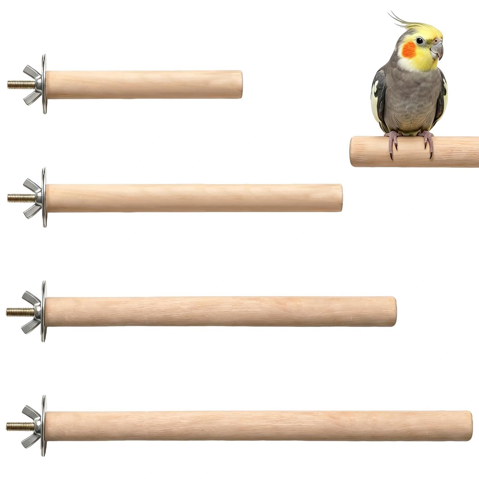 Natural Wood Bird Perch, 4 PCS Multi-Size Wooden Standing Stick Cage Accessories, Bird Stand Toy for Budgies, Parakeets, Cockatiels, Lovebirds, Macaws and Finches