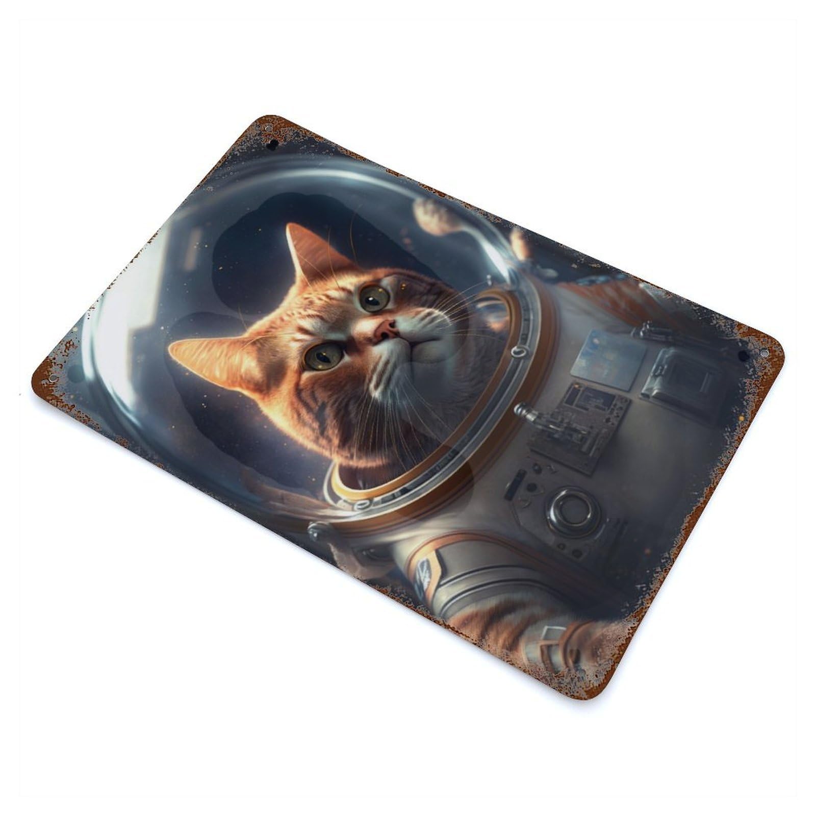 Spacesuit Astronaut Cat 11.8"x7.9" Aged Metal Wall Plaque, Novelty Wall Decor for Shed, Workshop And Garage Wall Decor