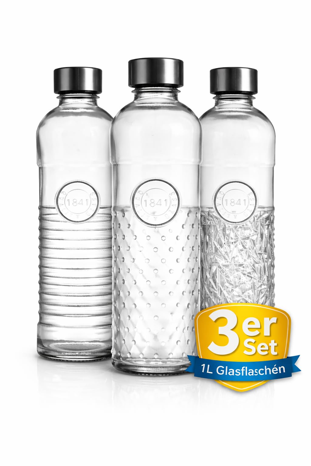 Glas Wasserflasche 1L - Luftdichte Trinkflasche mit Schraubverschluss - Vintage Design für Wasser & Saft - Kühlschrankgeeignet - (3er Set)