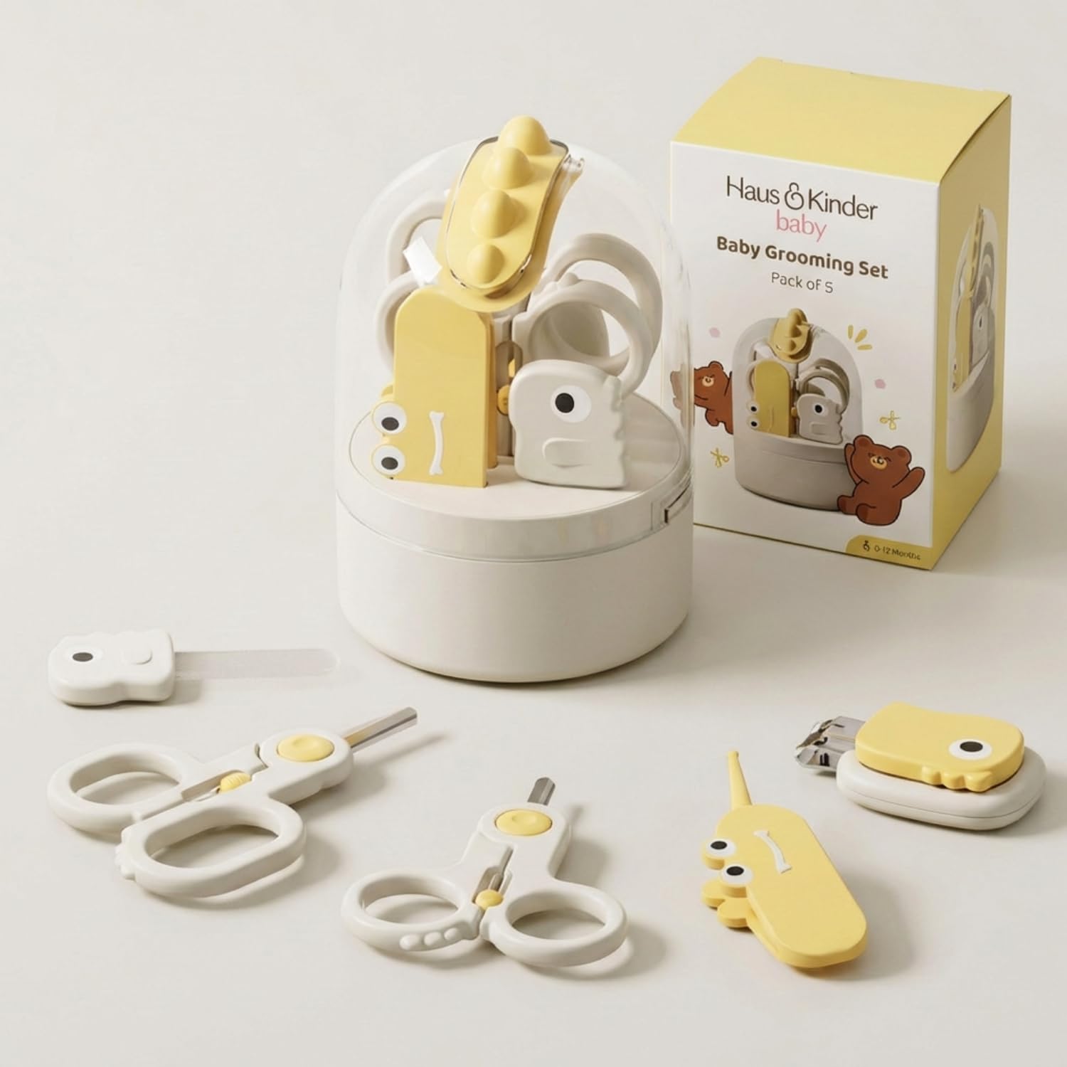 Haus & Kinder Baby Grooming Kit | 5 in 1 Newborn Care Set with Nail Clipper, Scissors, File & Tweezer | Safe Stainless Steel & BPA-Free | TinyTrims