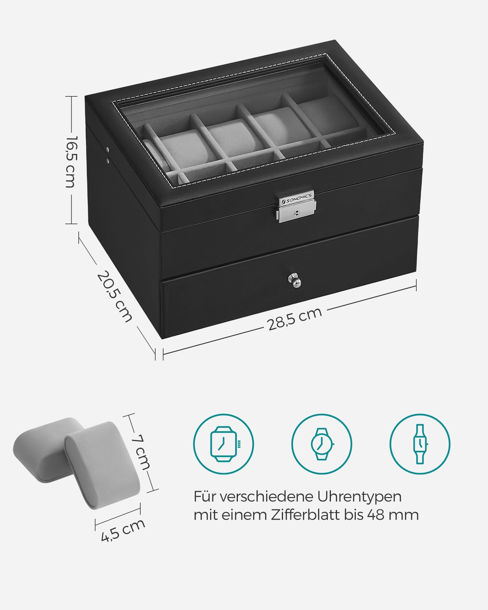 SONGMICS Uhrenbox, Uhrenkasten mit Glasdeckel, 2 Ebenen, Uhrenkoffer mit herausnehmbaren Uhrenkissen, Uhrenschatulle, Geschenkidee, PU-Bezug in Schwarz, Samtfutter in Grau JWB020