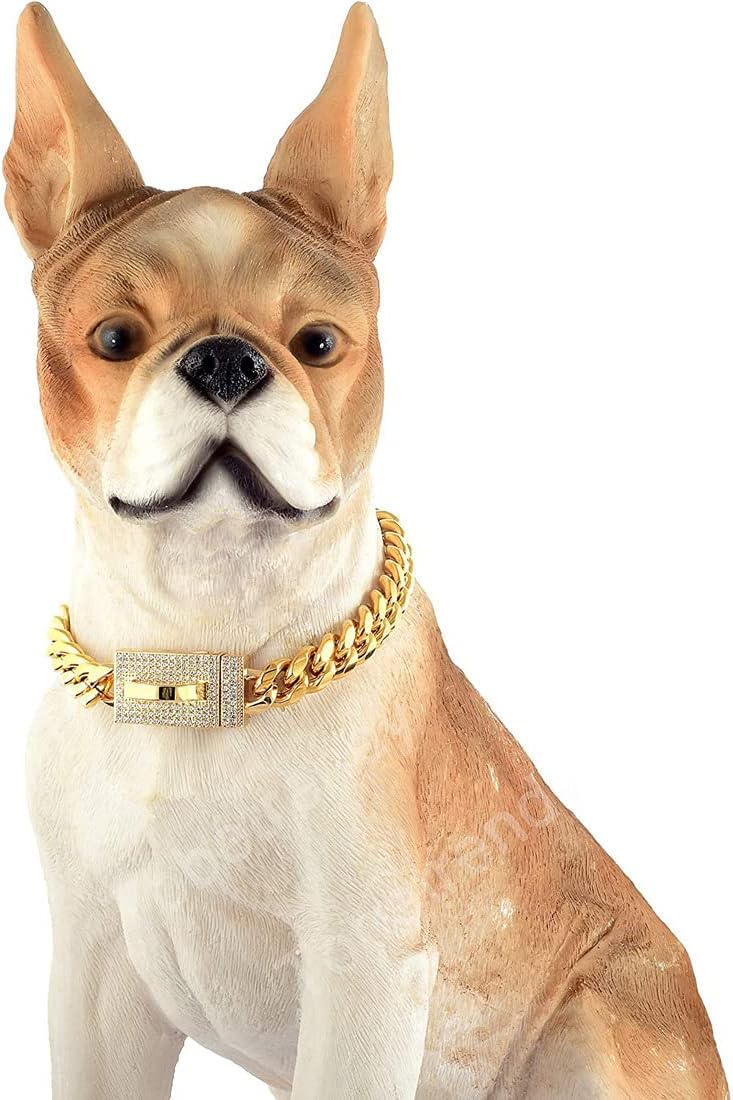 Gold Chain Dog Collar Dog Necklace with Bling Zircons Metal Cuban Link for Medium and Large Dogs Pets Heavy Duty Chew Proof 20IN