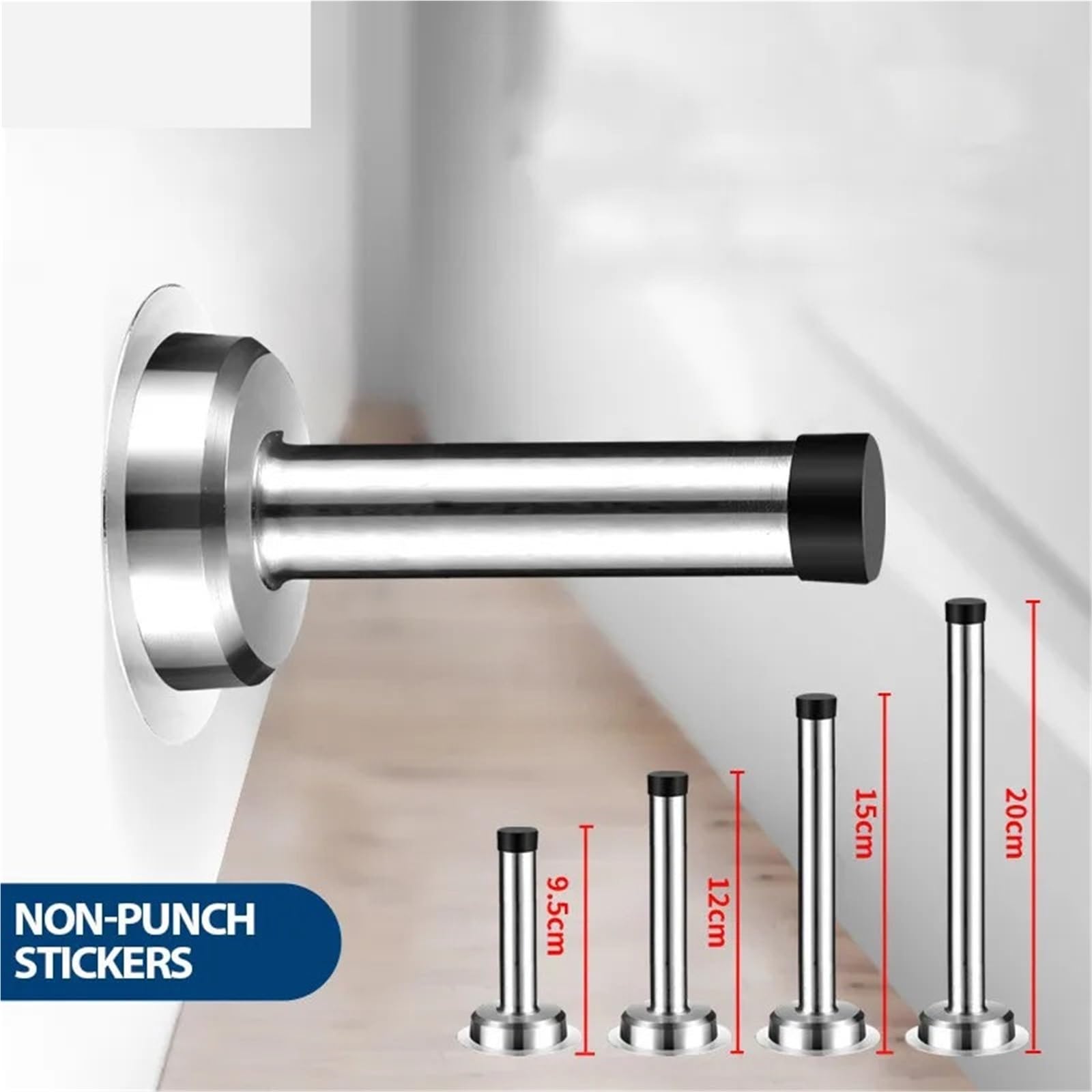 Tope de puerta goma y acero inoxidable, for baño, parachoques montaje en pared resistente, soporte no magnético, 4 Uds para Puertas de Madera(350mm)