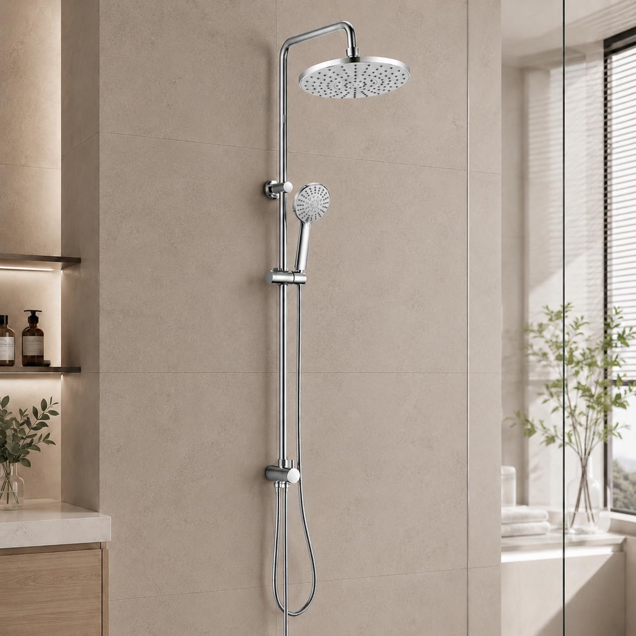 KOMIRO Duschsystem ohne Armatur, Regendusche ohne armatur Duschstangeset Duschsäule Set Duschset mit Regendusche Kopfbrause und 5 Strahlarten Handbrause, Runde, Chrom