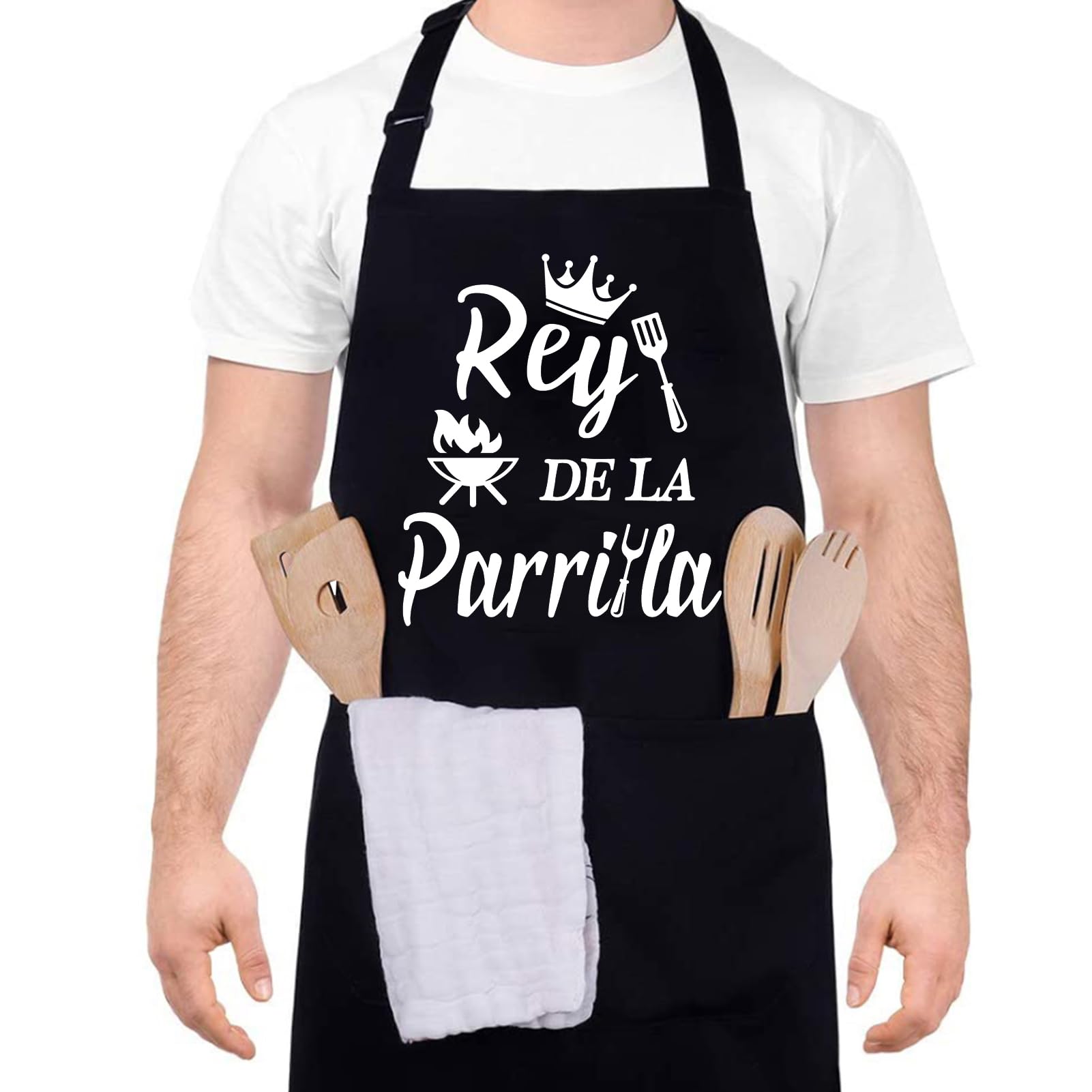 FRIUSATE Delantales de Cocina, Ajustable Delantales de Cocina con Bolsillo Impermeables Aprons Negro Delantal Padre Regalos Delantal Cocinero para Papá Esposo Novio Abuelo
