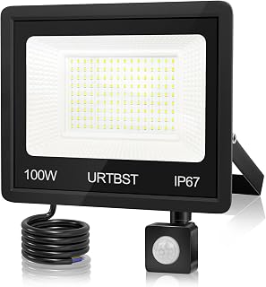 URTBST - Proyector LED exterior (100 W, 10000 lm, con sensor de movimiento, IP67, impermeable, 7000 K, color blanco frío, para garaje, terraza