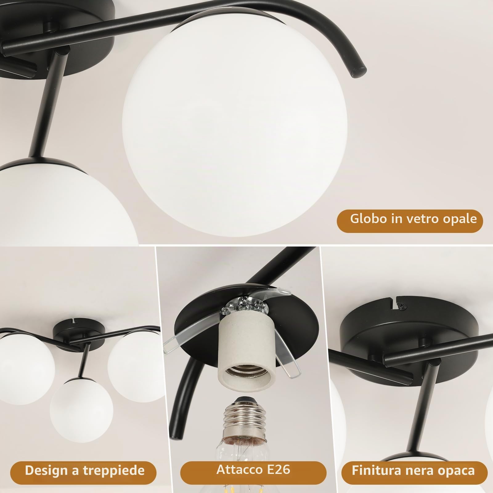 Lampada da Soffitto E27, Moderna Plafoniera da Soffitto a 3 Luci in Metallo/Vetro, Nero Lampadario Circolare in Vetro per soggiorno, corridoio, camera, cucina (senza lampadine)