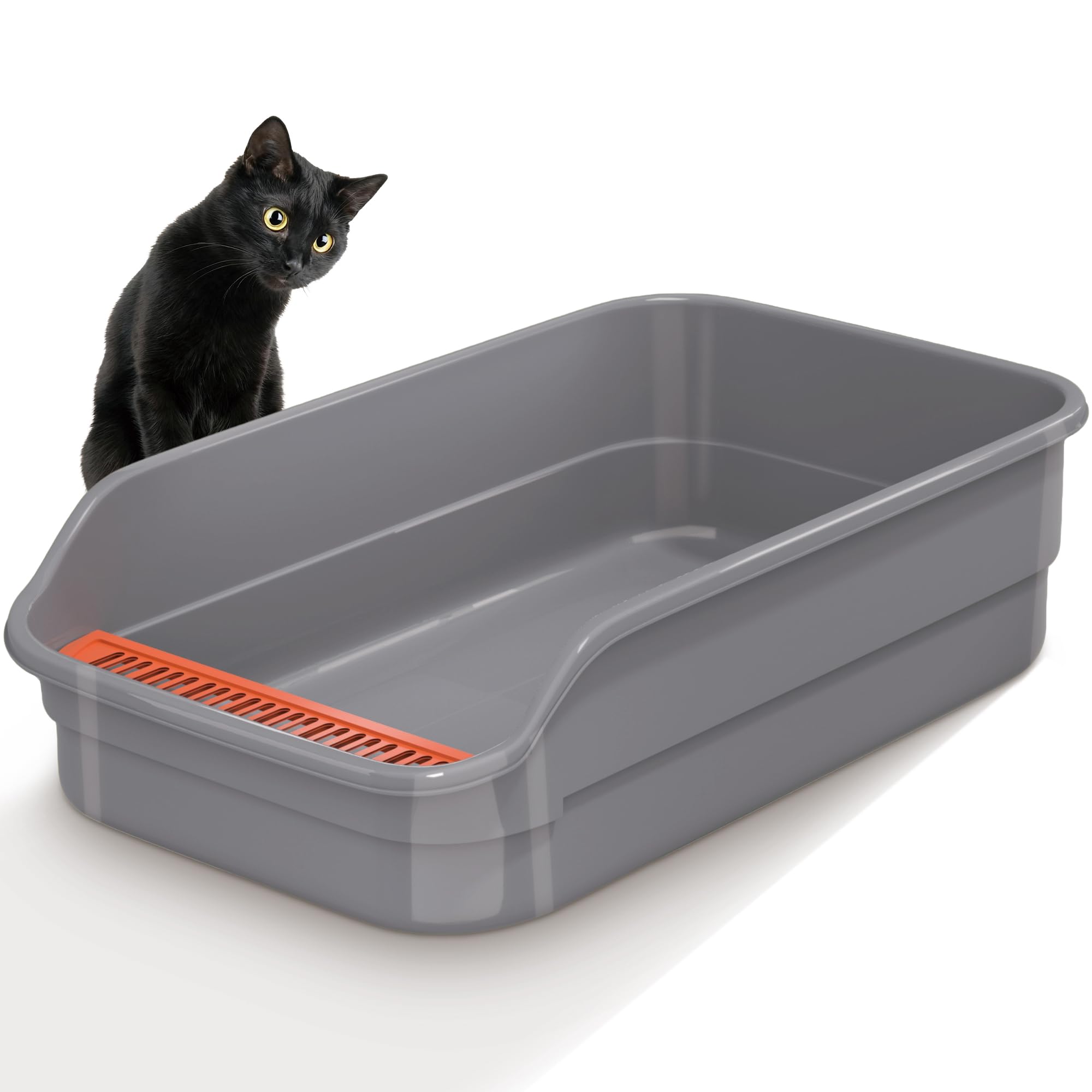 Vealind Large Cat Litter Tray High Sided and Low Entry Cat Litter Box 60 x 40 x 16 CM Easy Access Leak Proof Anti Splash Kitten Litter Trays (Grey)