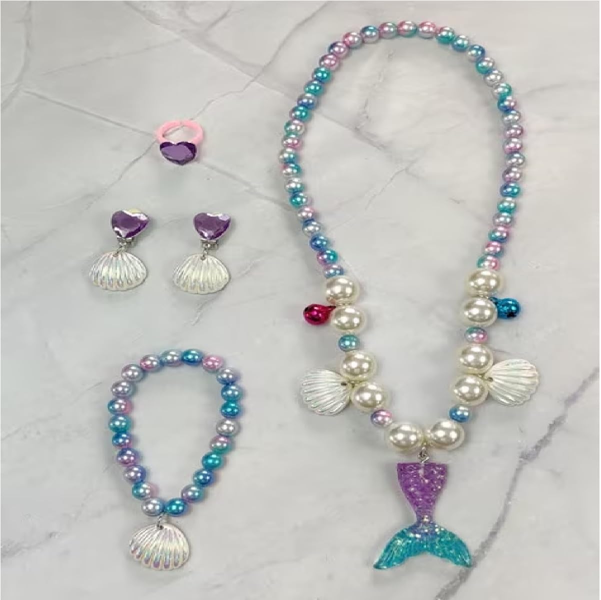 TASMAI MARKETING Mermaid Tail Necklace Earrings Bracelet,Mermaid Pearl Theme 5 Pcs Jewelery Set,Birthday Gift, Party Supplies,Princess Dress Up,Halloween Costume Accessories (Purple),Kids Necklace 4