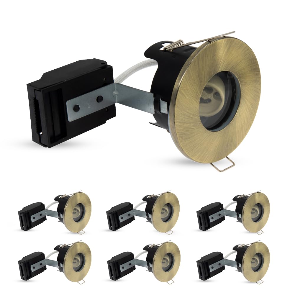 paul russells LED GU10 Recessed Ceiling Fire Rated Downlight Can with Antique Brass Bezel, 65-70mm Cutout, IP65 Dust & Waterproof, Twist & Lock Design, Quick Connect, Décor Rooms, 6 Packs (NO Bulb)