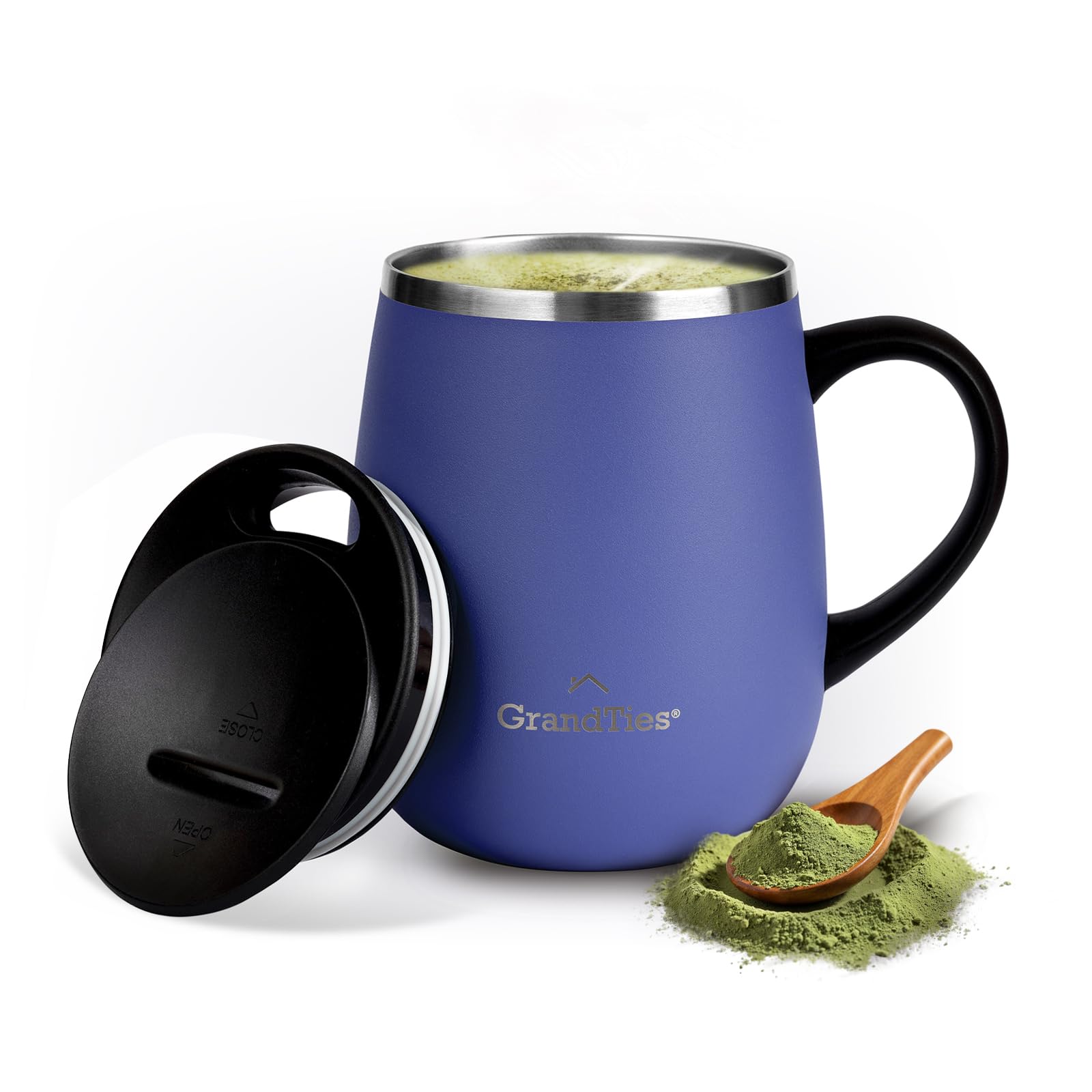 GRANDTIES Insulated Coffee Mug with Handle Sliding Lid for Splash-Proof 16 oz Wine Glass Shape Thermal Tumbler with Double Walled Vacuum Stainless Steel to Keeps Beverages Hot or Cold Periwinkle โ image 1