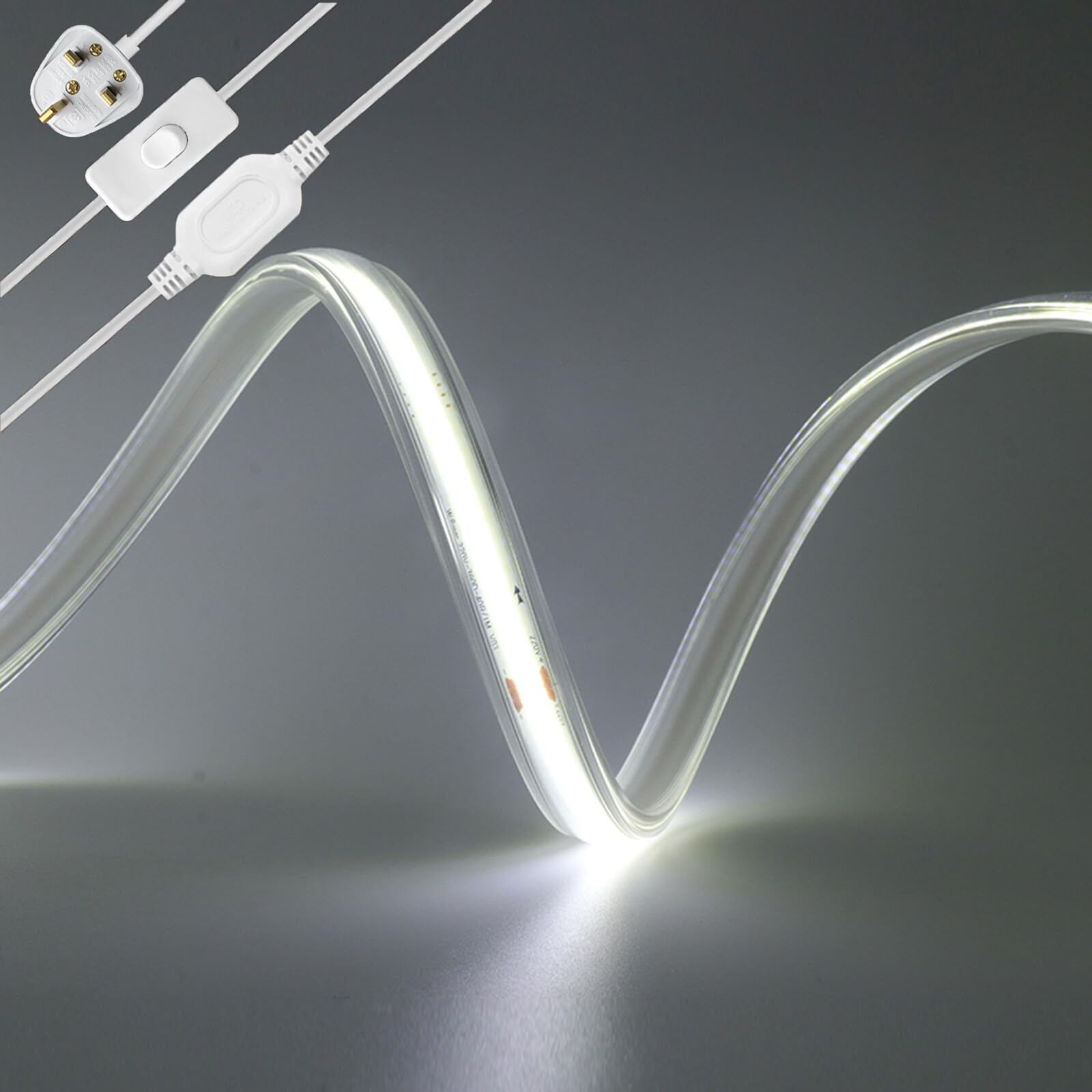 KAFULA 15M COB LED Light Strip with On/Off - 220V Super Bright FCOB LED Fairy Light CRI90+, IP65 Waterproof Flexible, Can be Cut Every 50cm | 360 LEDs/m || White Light 6000K | Home Lighting