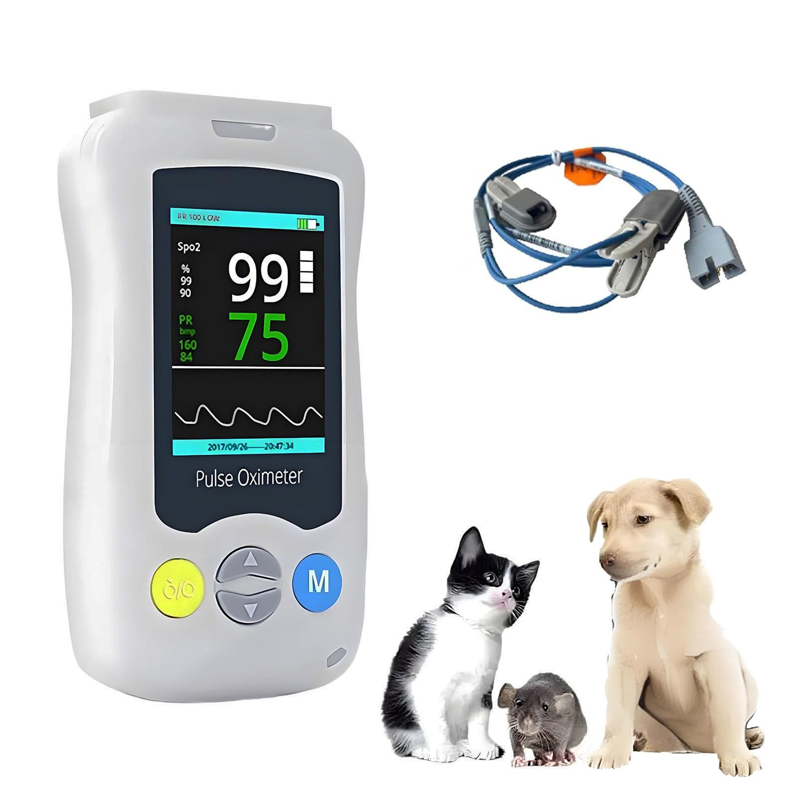Pulsioximetro Veterinario de Mano, Pantalla de 2.4 Pulgadas Pulsioximetro Veterinario, Monitor de Pulso SPO2, Sensor de SPO2 de Oreja/Lengua.