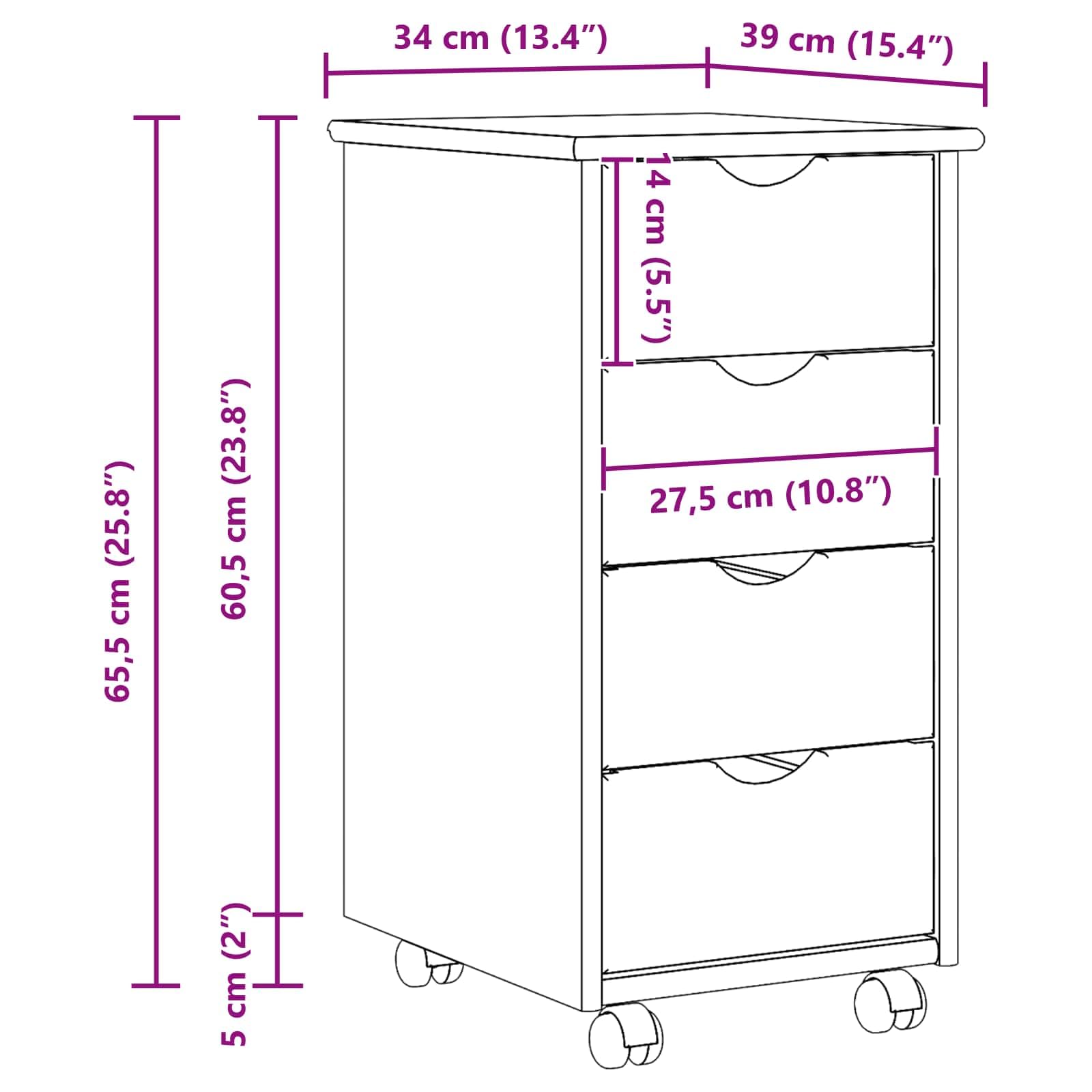 vidaXL Cabinet Roulant Blanc 34 x 39 x 65,5 cm Bois de Pin Massif, Meuble Roulant Minimaliste, en pin, Rangement rectangulaire, tiroirs spacieux, Parfait pour Bureau ou Chambre