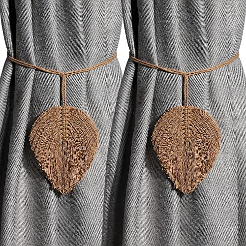 Image of 2Pack Curtain Tiebacks Handmade Holdbacks - Farmhouse Curtain Tie Back Holder by Hand-Woven Cotton Rope, Bohemian Home Decoration Drapery Holdback (Leaf Brown)