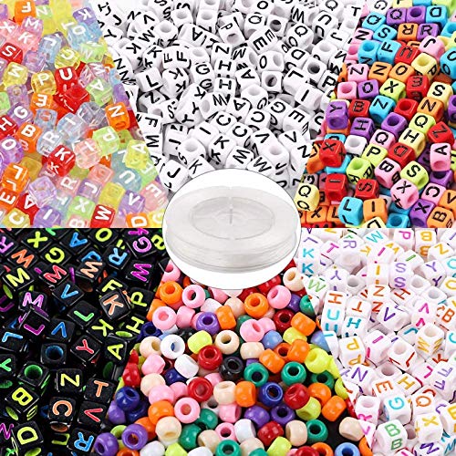 Quefe 1400pcs Beads Kit Letter Beads and Large Hole Beads in 6 Styles with 50 Meters Elastic String Assorted for DIY Bracelets, Necklaces, Key Chains and Other Jewelry Making