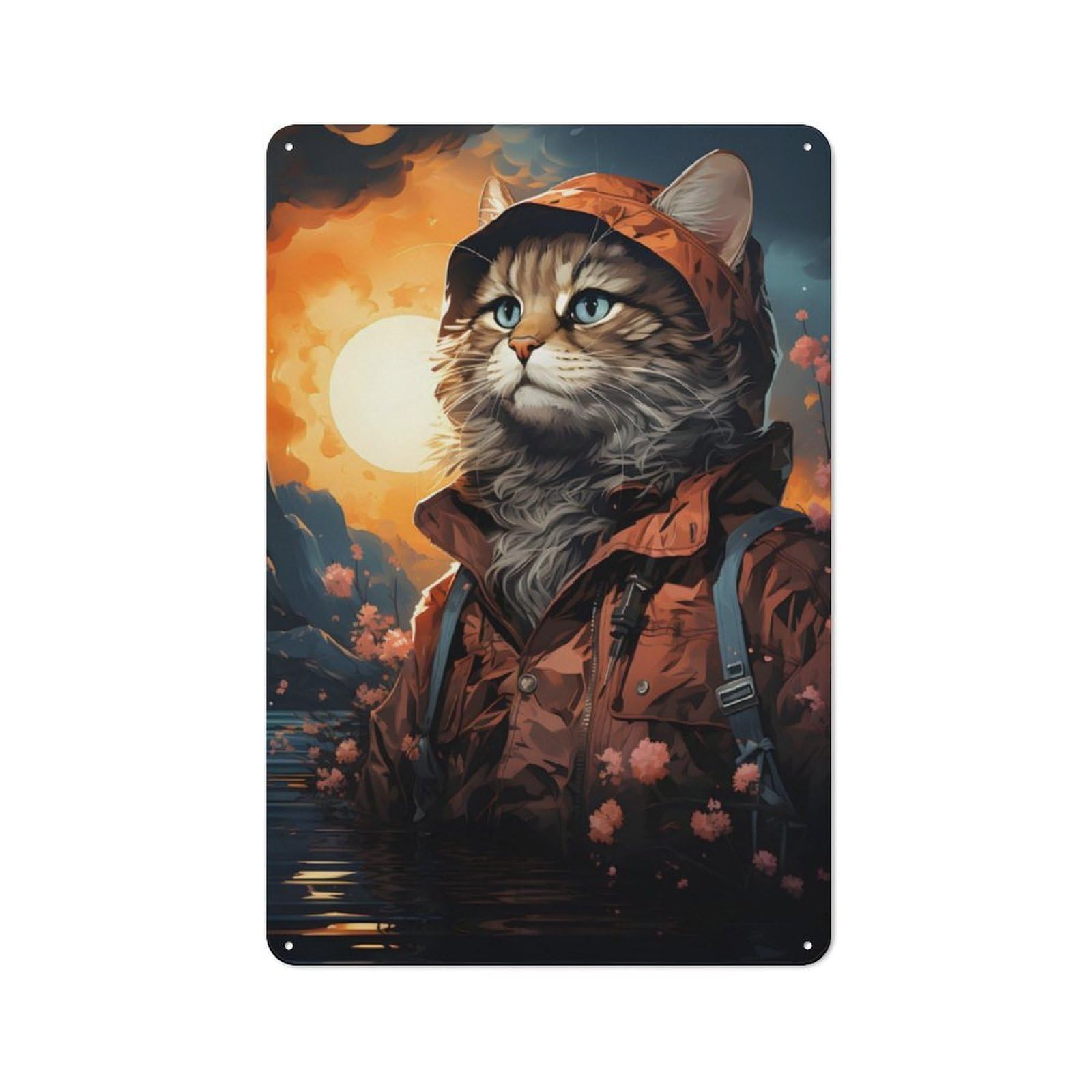 Tin Sign 30x20cm with Fisherman Cat on A Lake for Garage Wall, Rustic Decor, for Living Room, Hallway And Entrance Wall Decor