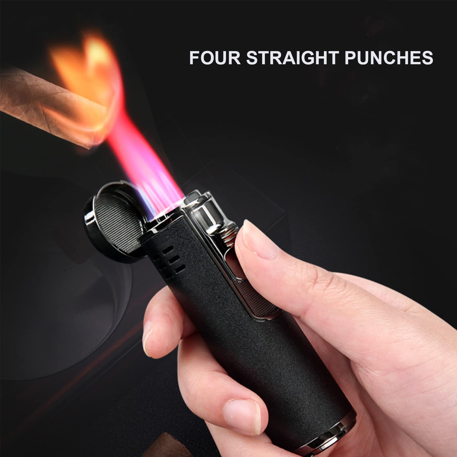 Generic Briquet Gonflable en Métal Cylindrique 4 Jet Flamme Rouge Rechargeable Butane Briquet Cigarette Allume-Cigare Accessoires Fumeurs pour Hommes,Silver