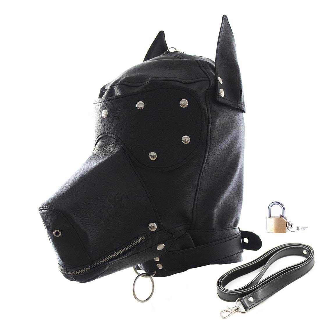 Arnés de cabeza con capucha de cuero sintético para perro, máscara con venda para los ojos, juego de rol, juguetes sexuales, tocado, disfraz de cuero, máscara de bondage, capucha de sujeción para Halloween, color negro