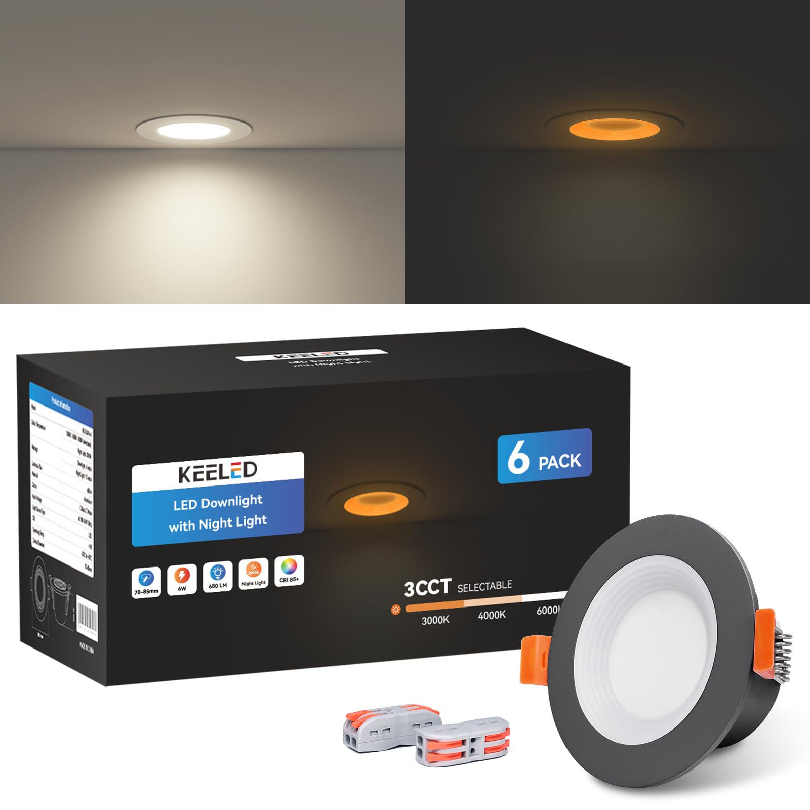 KEELED Faretti LED da Incasso per Cartongesso con Luce Notturna, 6W, 3 Colori Selezionabili 3000K/4000K/6000K, 230V, Foro 70-85mm, Nero, Confezione da 6