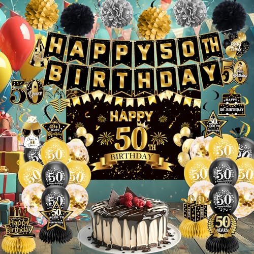 Image of Pre-Strung 50th Birthday Decorations for Men Women | Pre-Strung Black Gold Happy Birthday Banner with Balloons, Backdrop, Honeycomb Centerpieces, Hanging Swirl Streamers