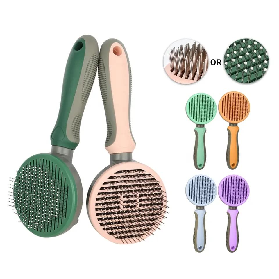 Self Cleaning Pet Pin Brush Cat Dog Grooming Slicker Brush Color Silver Round Curved Needle for Shedding