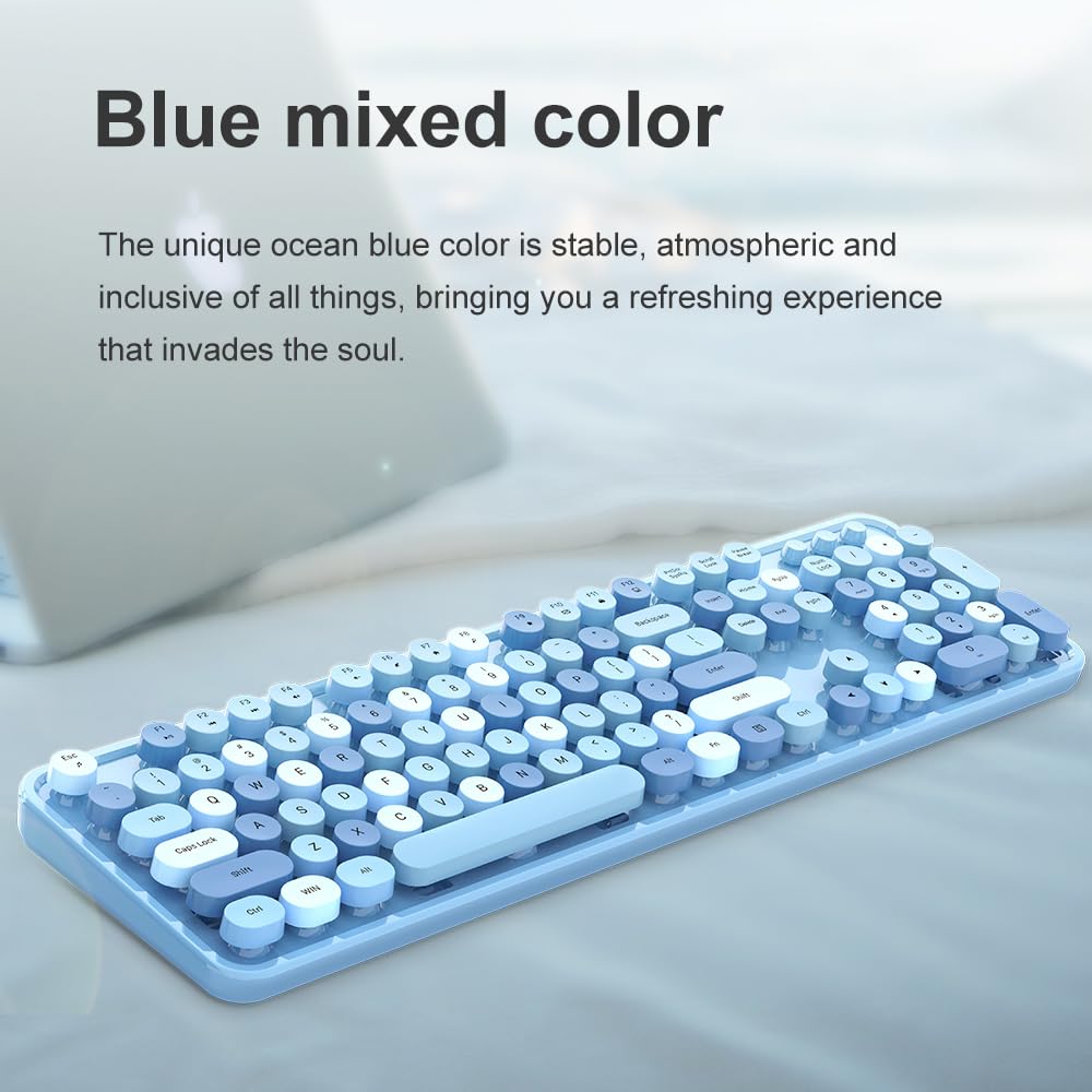 Combo de teclado y mouse inalámbricos, teclado redondo de 2.4 GHz, teclados coloridos, receptor USB Plug and Play para PC Win, portátil, escritorio (mezcla azul)