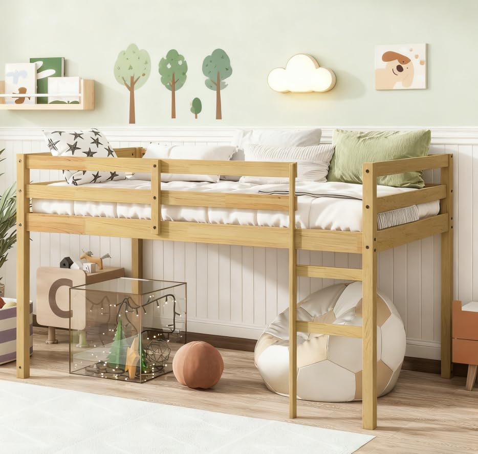 Bellemave Twin Size loft Bed for Kids with Ladder, Wooden Low Twin loft Bed for Kids,Natural