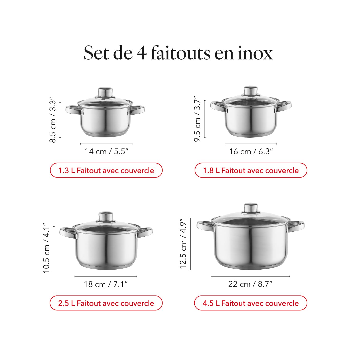 FLORINA - Ensemble de Casseroles (Lot de 8) I Casserole Inox POLPO I Pour Induction, Gaz I Avec Couvercle en Verre I Batterie de Cuisine I Acier Inoxydable