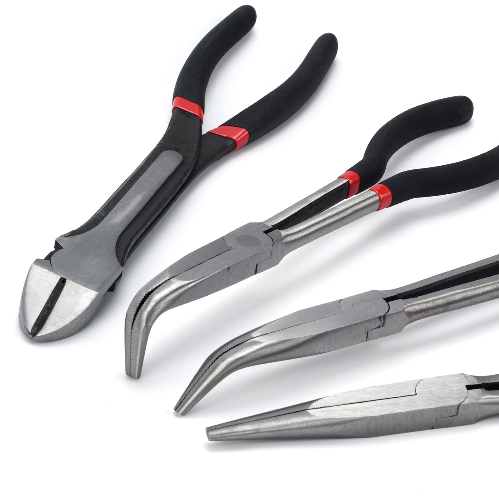 4-Piece 11" Extra Long Needle Nose Pliers Set with Insulated Comfort Grip, Straight Long Reach, 45/90°Bent Nose & Diagonal Pliers for Bending, Shaping & Trimming in Narrow Spaces