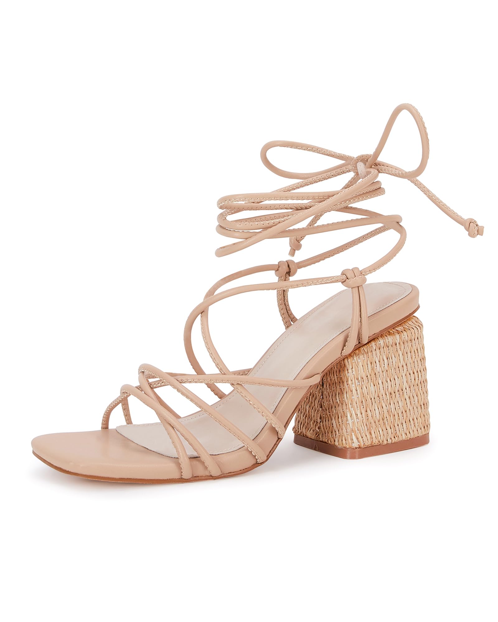PiePieBuy Women's Lace Up Chunky Braided Heel Sandals Square Toe Strappy Ankle Strap Heels