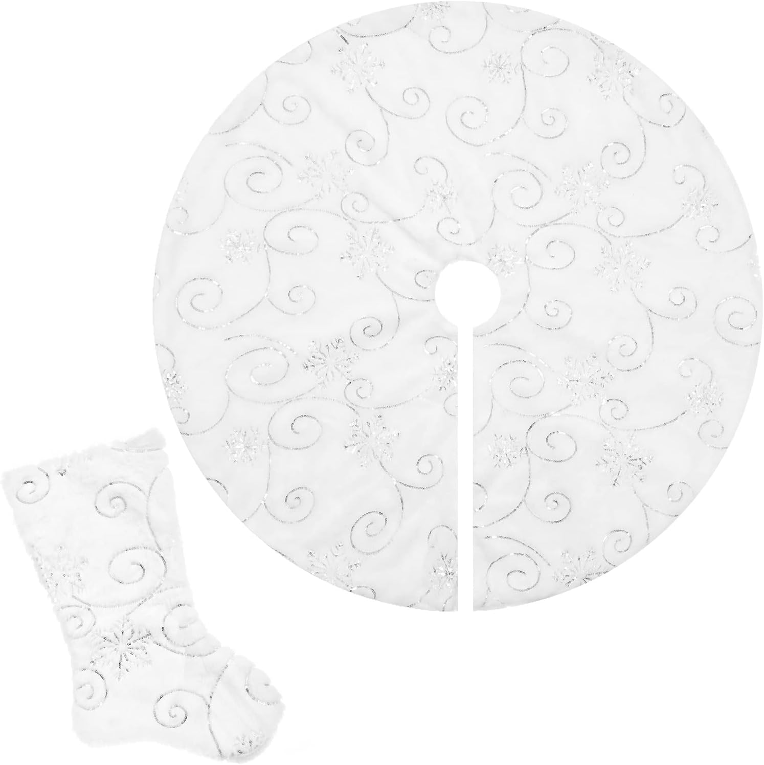 36 inch White Christmas Tree Skirt with Christmas Stocking, Silver