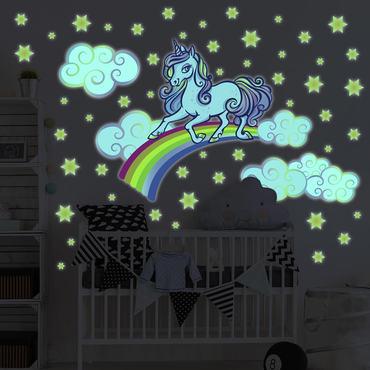 Ambiance Sticker Świecąca fosforyzująca naklejka ścienna ścienna dla dzieci fluorescencyjny jednorożec na tęczy - wys. 50 x dł. 65 cm