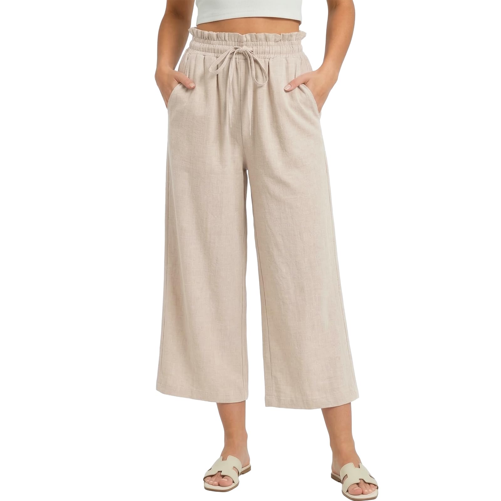 Husmeu Damen Hosen Sommerhose Damen Leicht Leinenhose 7/8 Weites Bein Hohe Taille Baumwolle Leinen Strandhose Freizeithose Geradem Lose Casual mit Taschen
