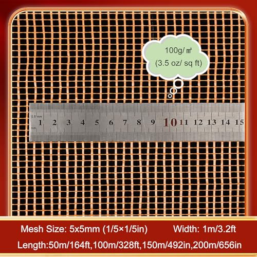 Exterior Stucco Wall Mesh Repair, Reinforcement Anti Seepage Anti Cracking Drywall Joint Mesh, Gypsum Tiling Fiberglass Mesh Roll/Prevention Mesh Cloth(L 50m/164ft,Orange 0.5cm(1/5in))