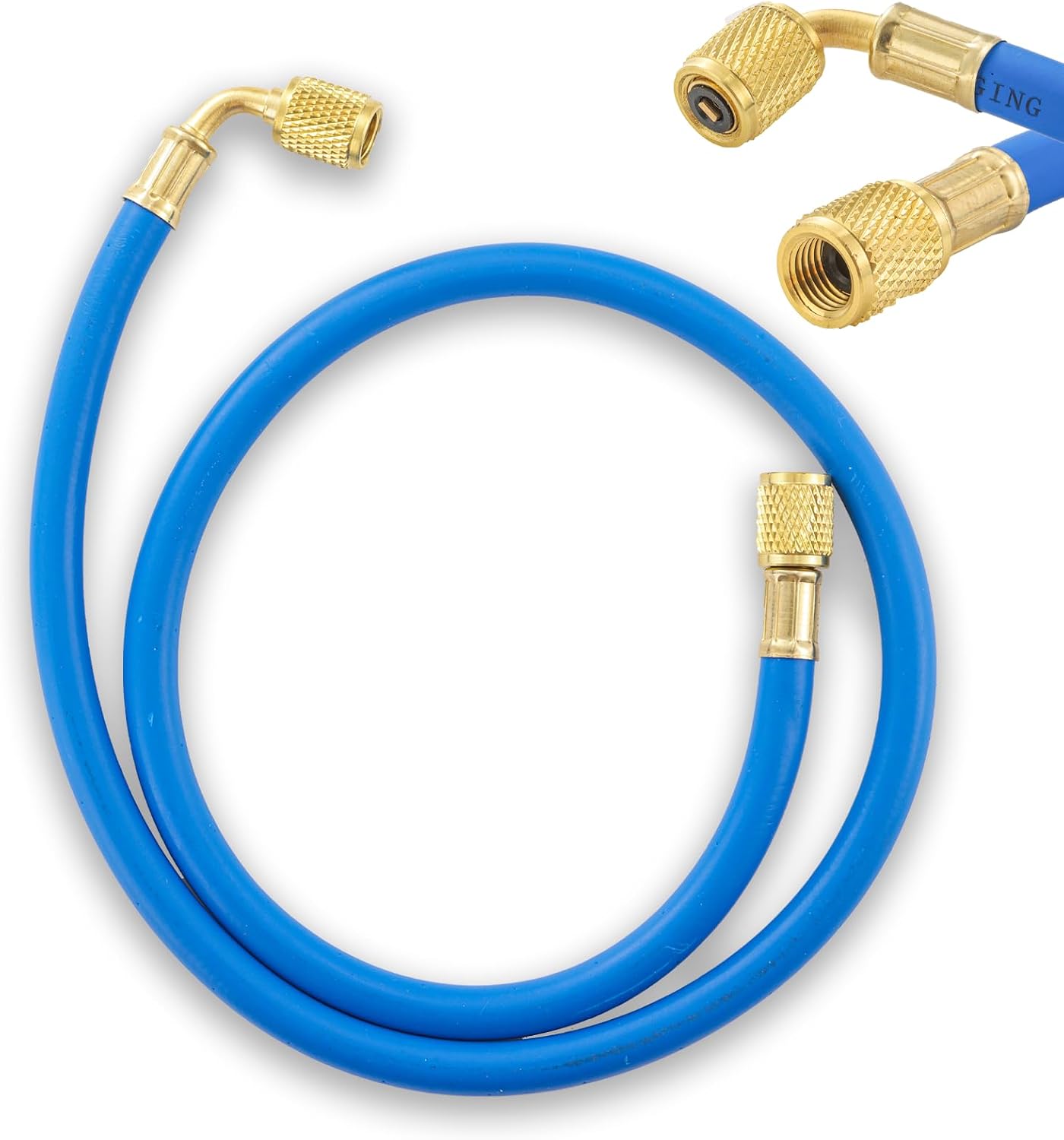 90 Degree Refrigerant Charging Hose, R404A AC Hoses with 1/4" SAE Female Flare, 90 Degree Adapter for R404 R22 R12 R502 Air Conditioner Refrigeration Maintenance, 500-2500PSI-36'' Blue