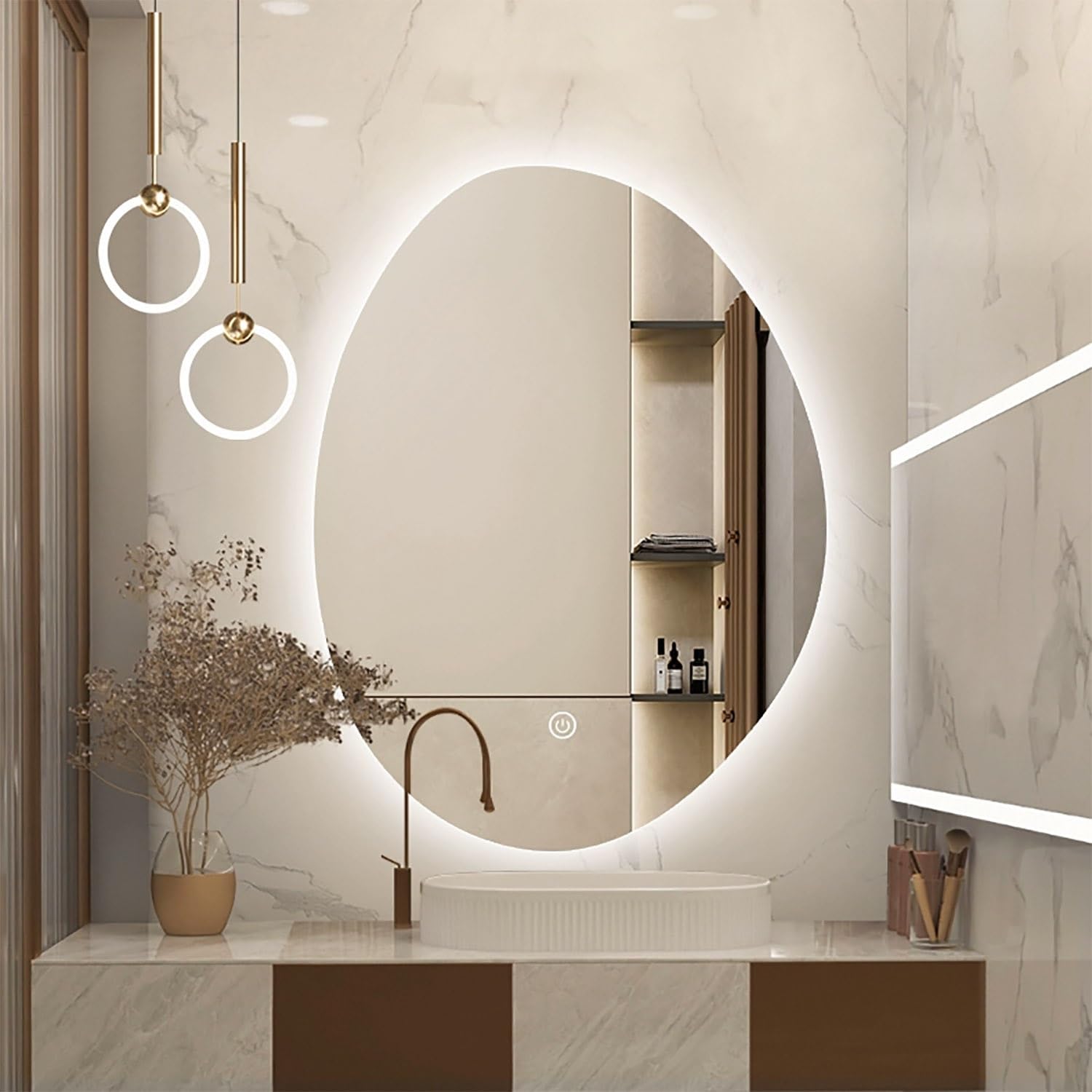 WJFTODAY Anti-Fog LED Bathroom Mirror, Wall-Mounted Frameless Vanity Mirror, Irregular Backlit Design, 3 Color Temperatures 3000K/4000K/6000K, Asymmetrical 90x70cm