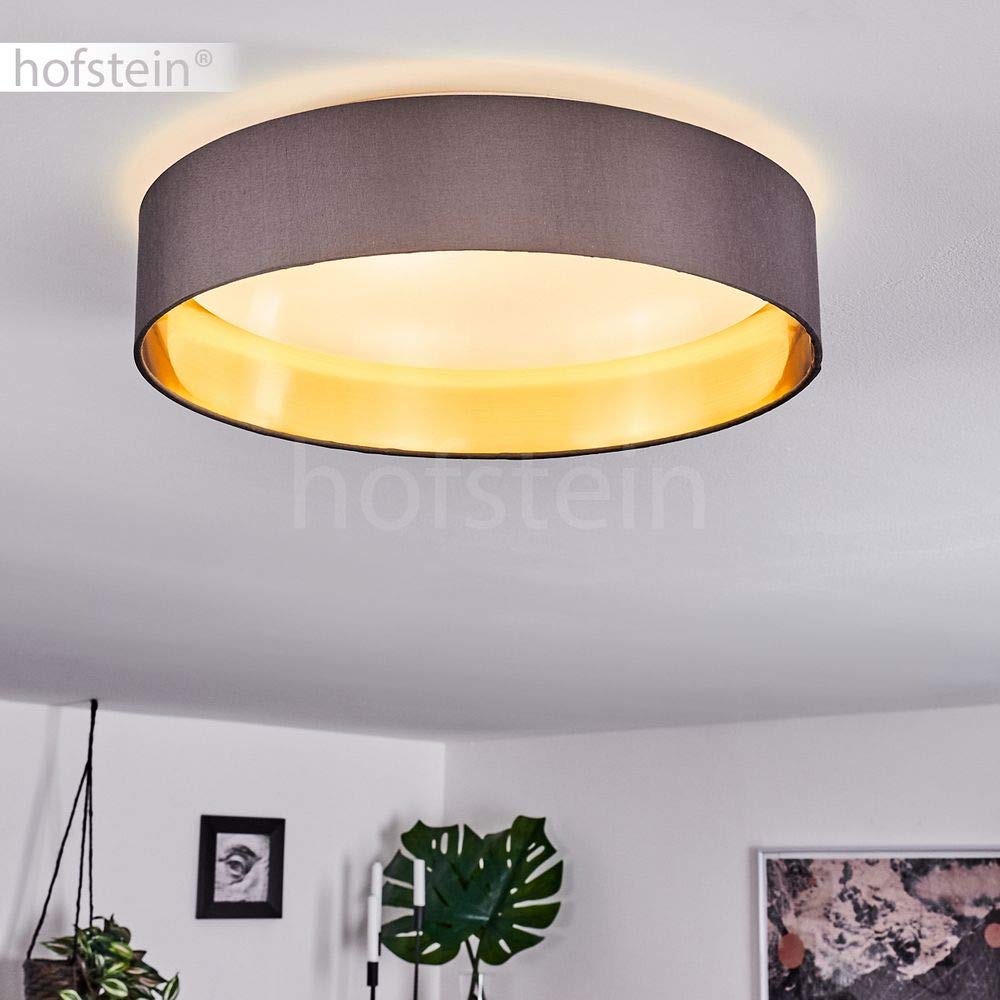HOFSTEIN LED Deckenleuchte Elsa, runde Deckenllampe aus Metall/Stoff in Grau/Weiß/Goldfarben, moderne Leuchte mit Stoffschirm, 24 Watt, 3000 Kelvin, 2100 Lumen, Wohnzimmer, Schlafzimmer, Esszimmer