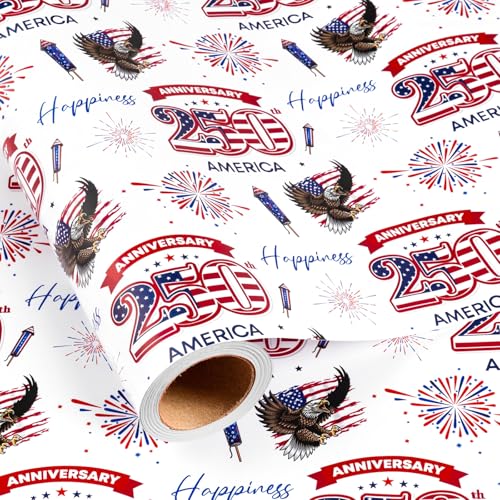Burymento 4th of July Wrapping Paper Roll - 17in x 16.4ft 250th Anniversary Patriotic Gift Wrap with Eagle Fireworks Independence Day Gift Wrapping Paper for Memorial Day Presidents Day Holiday