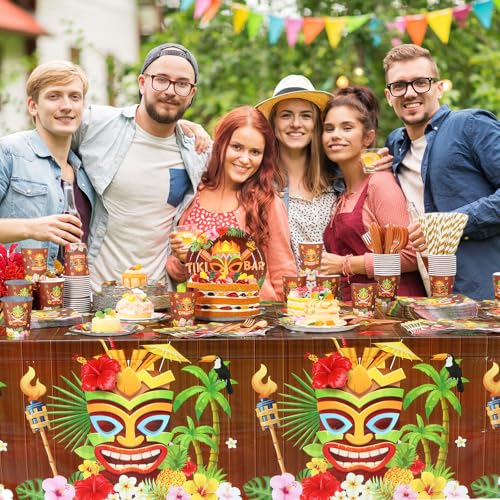 Image of Funnymoom 452 Pcs Hawaiian Tiki Party Decorations Include Tiki Paper Plates Napkins Cups Tablecloth Cutlery Straws Hawaii Luau Party Supplies for Tropical Birthday Party Decorations