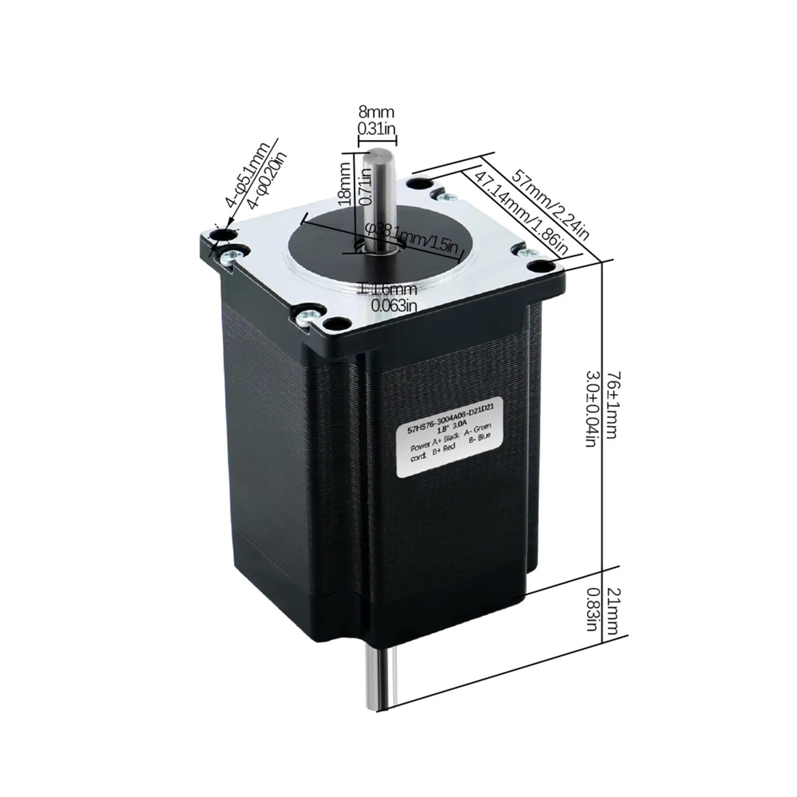 Moteur Pas à Pas Nema23 57HS76, 2 Phases, 4 Fils, 2N.m, 2,8a/3a, 76mm de Longueur, D 6.35mm/8mm, for équipement de Moniteur d'imprimante 3D(8mm Single Shaft)
